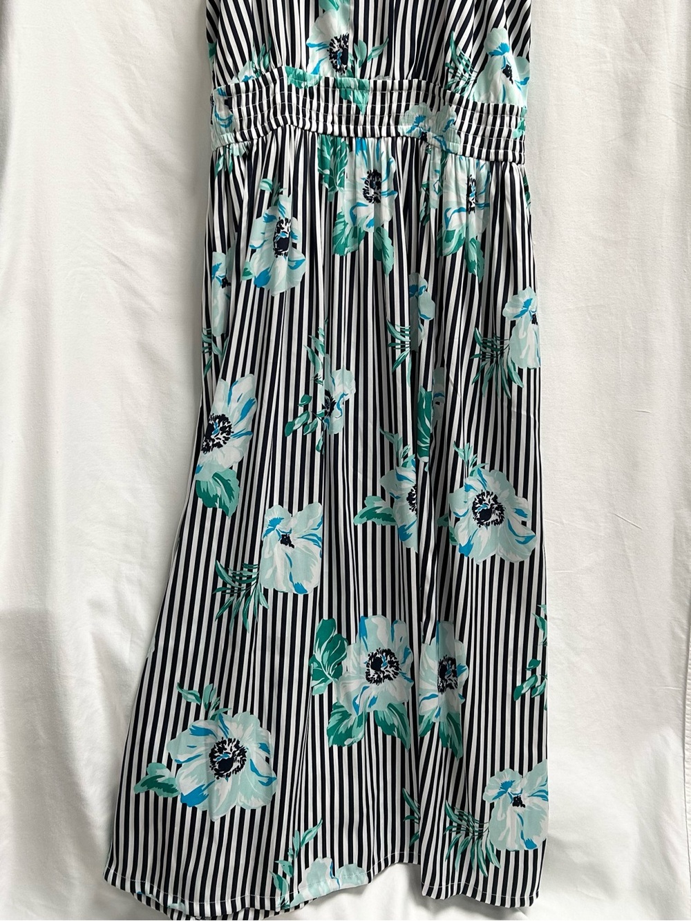 LANE BRYANT MAXI SUNDRESS, NAVY AND WHITE STRIPE WITH BLUE FLORAL, PLUS SIZE 18 - Picture 2 of 11